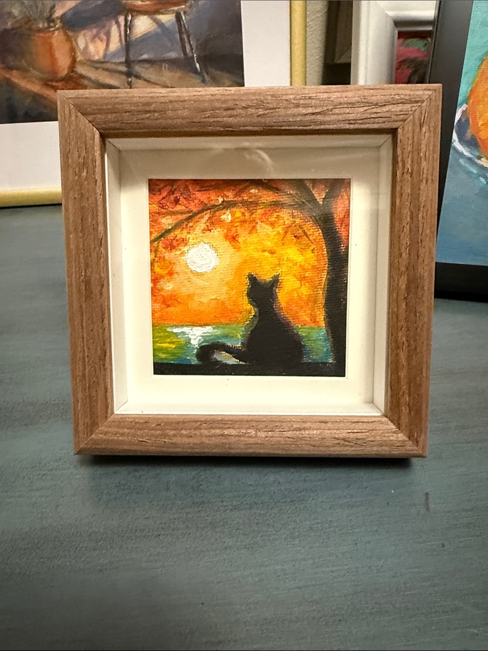 Framed Cat Silhouette Sunset Art - Orange